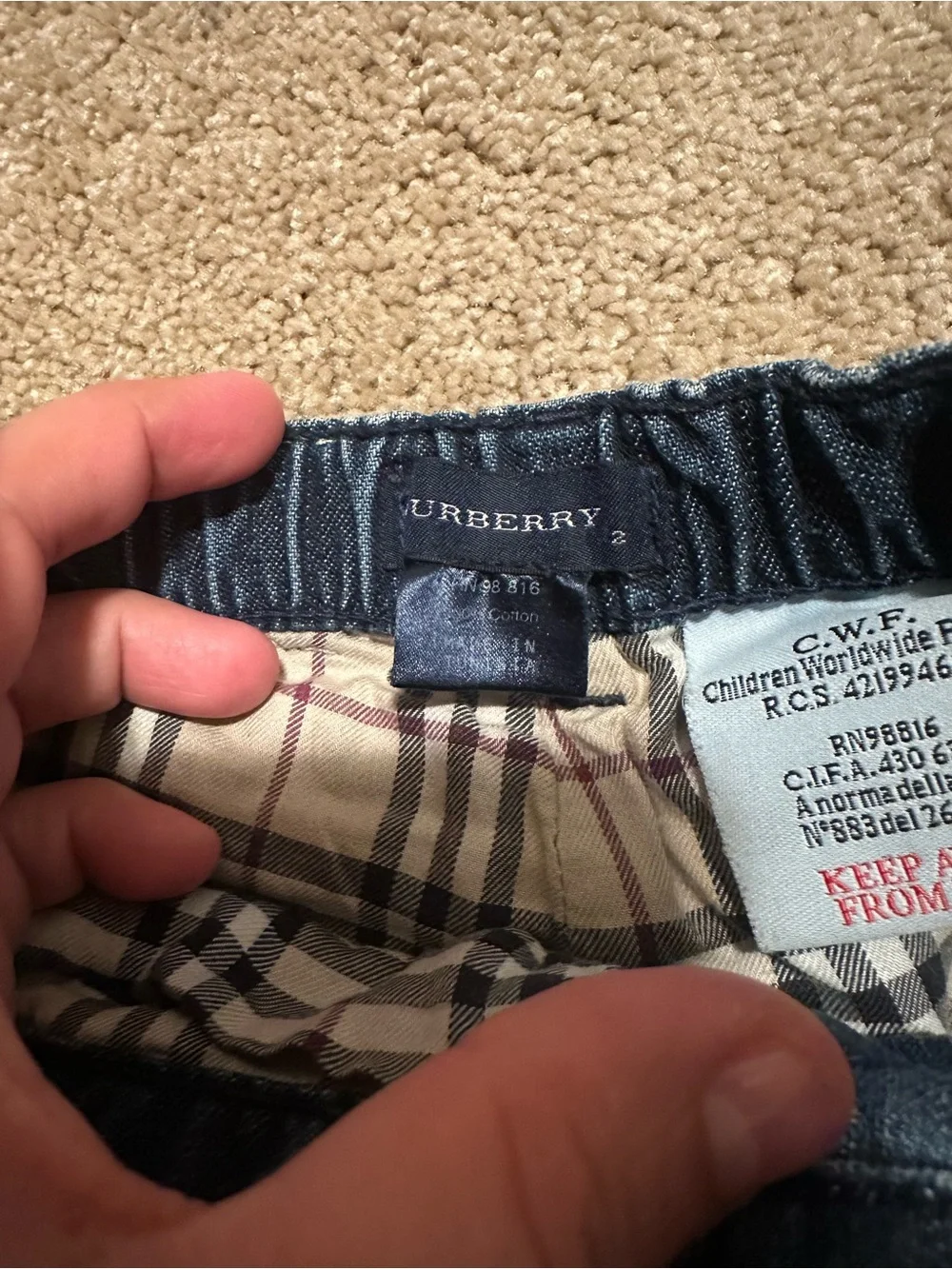 Burberry Blue Rolled-Cuff boys Jeans with Iconic Check Lining